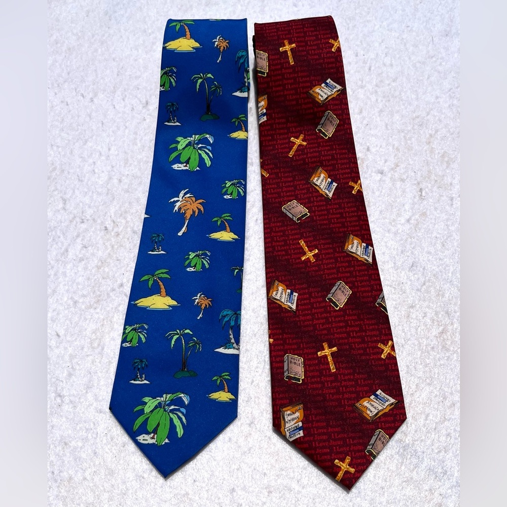 Parquet Novelty Ties – Lot of 2 – Tropical Palm Tree + Religious I Love Jesus